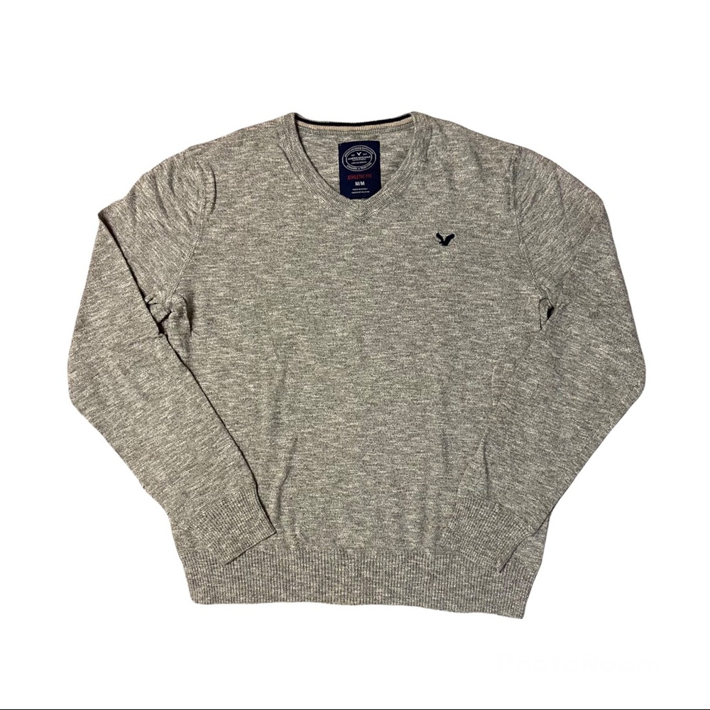 AMERICAN EAGLE Gray Lightweight V-Neck Cotton Sweater Embroidered Navy Logo Sz M